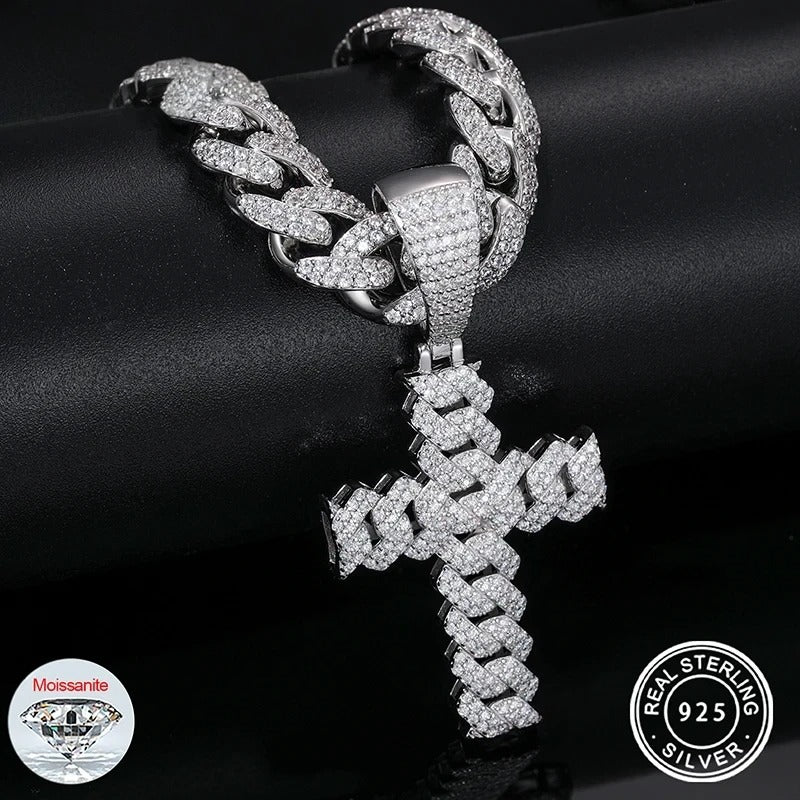 Cuban Link Cross Pendant - VVS Moissanite - 14K Gold Vermeil