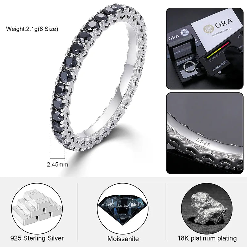 1 Row 2.5mm Band Ring - VVS1 Black Moissanite - S925 Silver