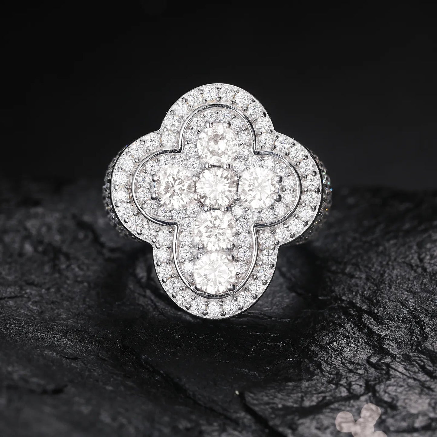 3D Bubble Cross Iced Out Ring - VVS Moissanite - 14k Gold Vermeil