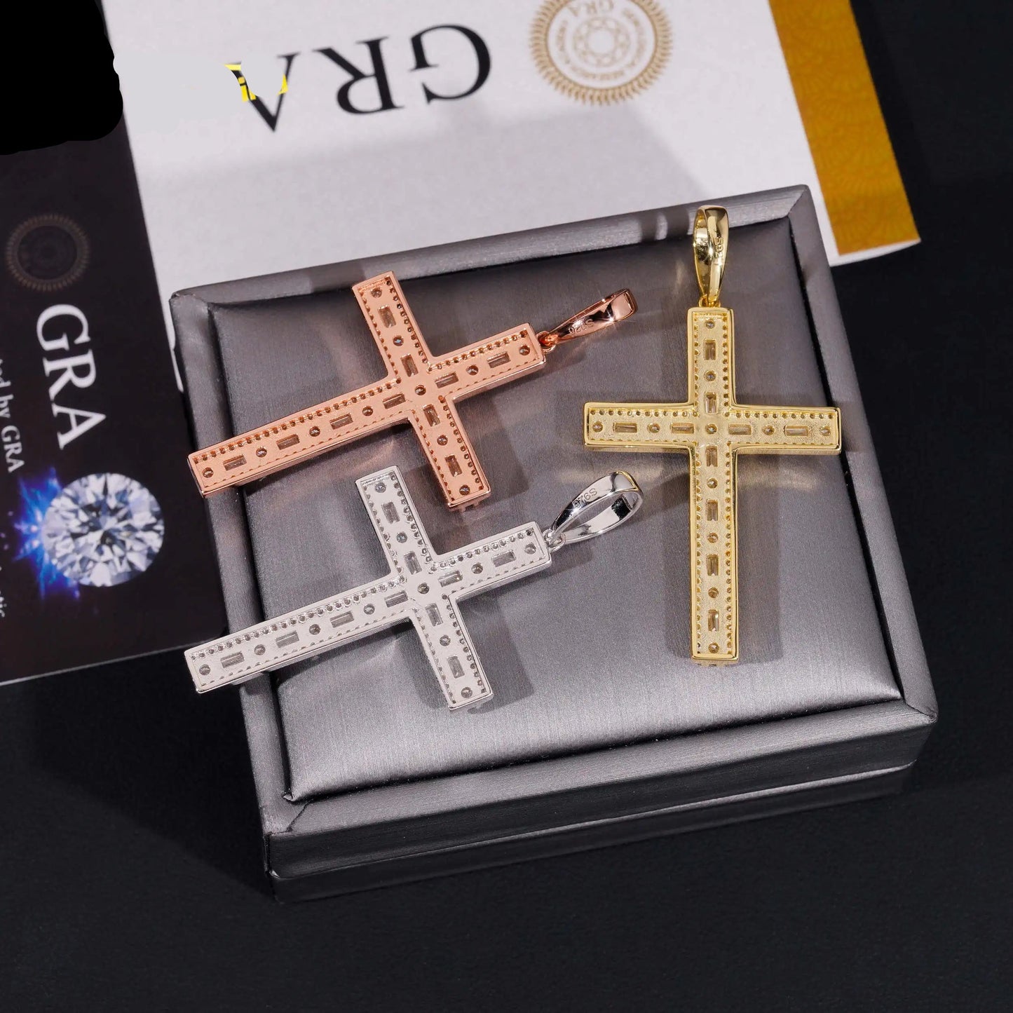 Baguette Cross Pendant - VVS Moissanite 14K Gold Vermeil