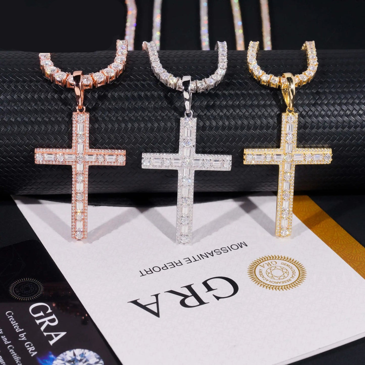 Baguette Cross Pendant - VVS Moissanite 14K Gold Vermeil