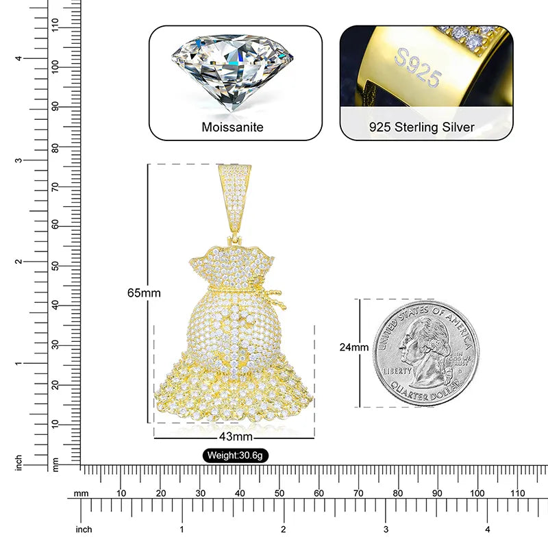 Money Sack Pendant (V1) - VVS Moissanite - 14k Gold Vermeil (Made to Order)