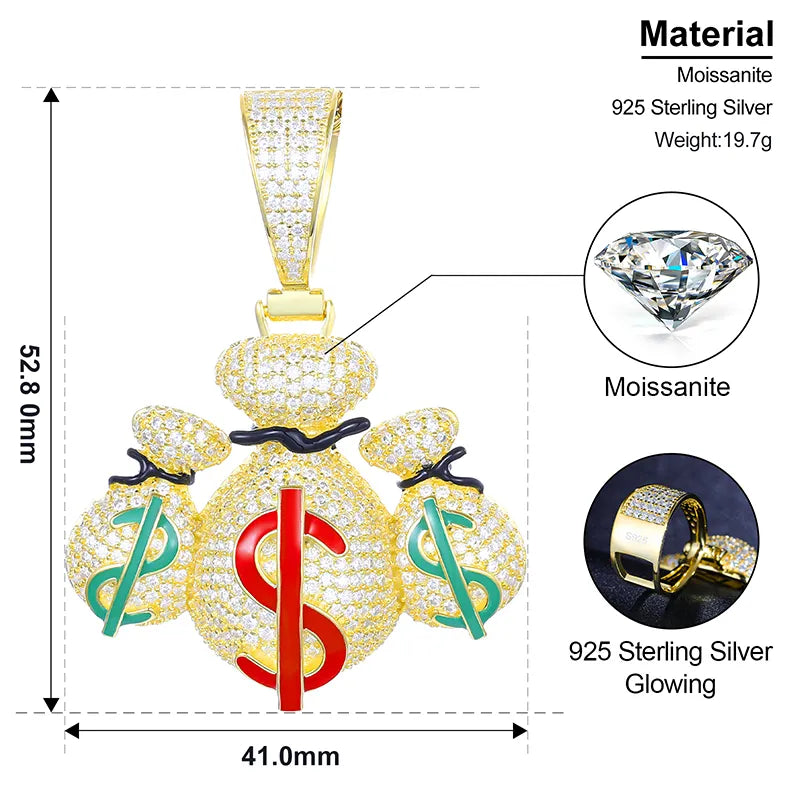 Money Sacks Pendant (V2) - VVS Moissanite 14k Gold Vermeil (Made to Order)