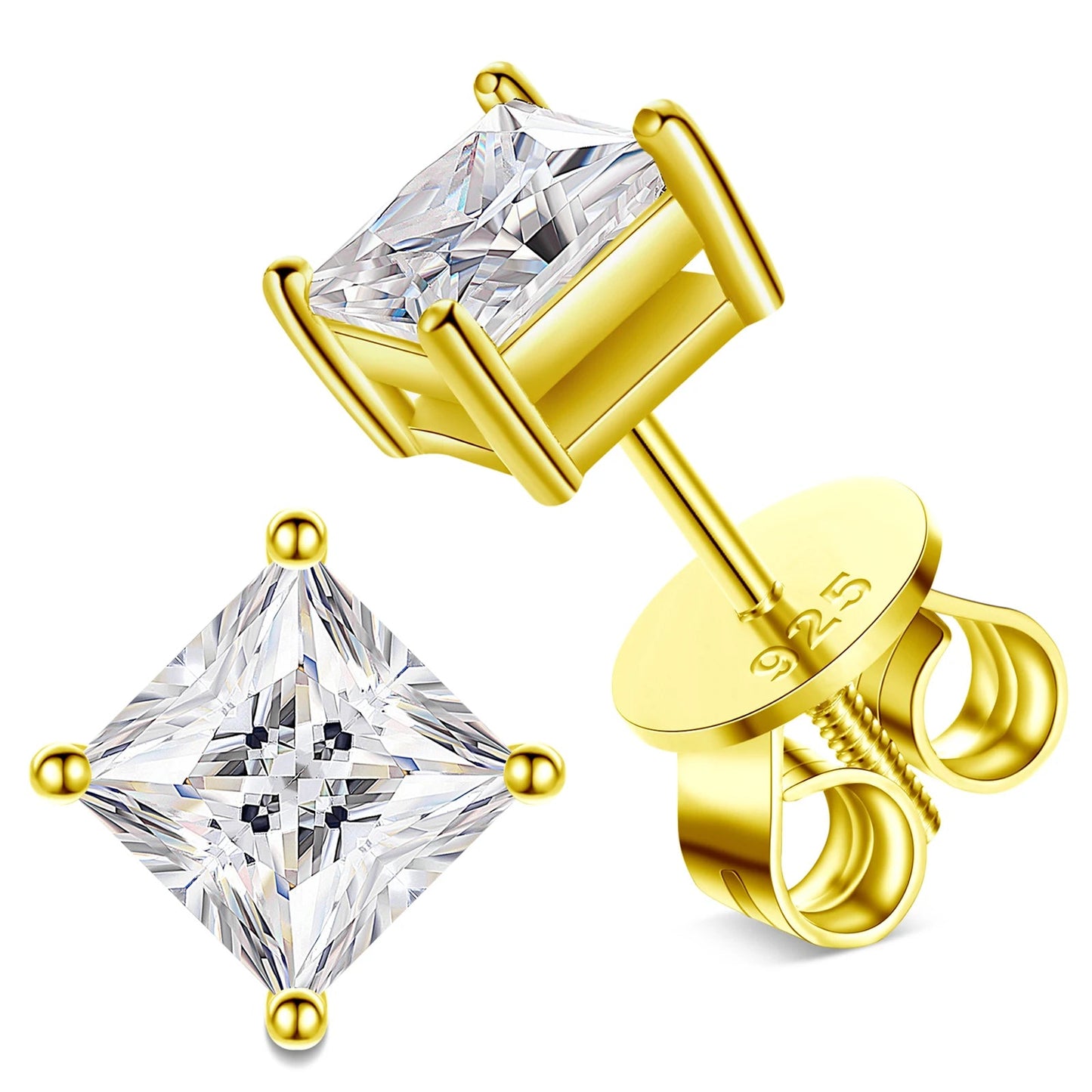 Solitaire Stud Earrings Princess Cut - VVS Moissanite 18k Gold Vermeil